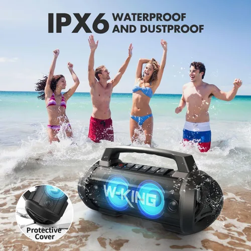 Vista 5 de W-KING Altavoz Bluetooth portátil con micrófono inalámbrico, 120 W pico 70 W RMS altavoces Bluetooth impermeables para exteriores, graves 110 dB, 42