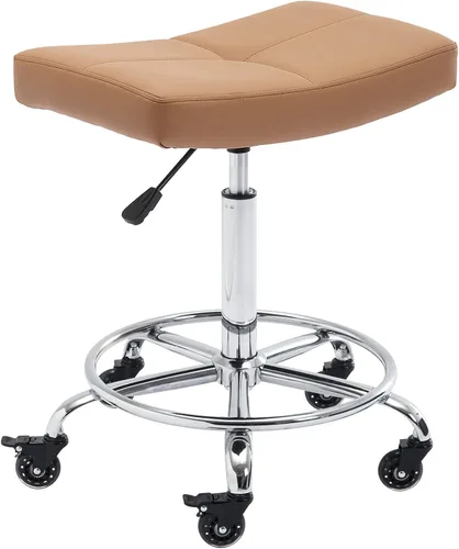 Vista 11 de Taburete con ruedas ajustable con asiento extra ancho, ruedas de goma bloqueables y reposapiés, silla giratoria para cocina, laboratorio, oficina