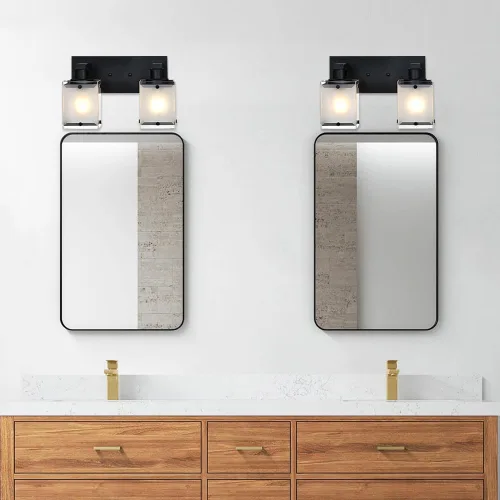 Vista 3 de Lámpara de pared negra de WINSHEN, lámpara de tocador de baño de 2 luces, lámpara de montaje en pared sobre espejo para dormitorio, estudio, sala