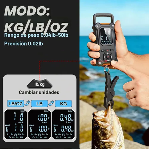 Vista 4 de Báscula digital de pesca de 8 ranuras con pinza de labios y memoria de Negro