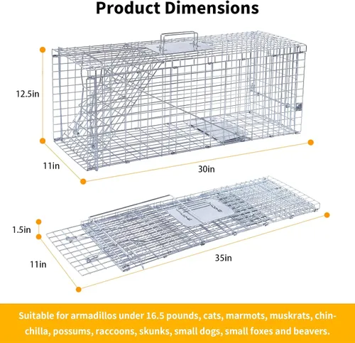 Vista 2 de Trampas plegables de 32" para animales vivos, trampa humana para animales para gatos callejeros de hasta 16.5 libras, mapaches, ardillas, zorrillos