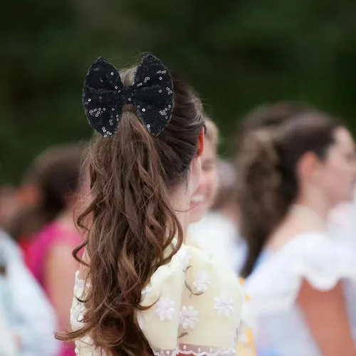 Vista 2 de Love Fairy - Horquilla con lazo con brillantina, una pinza para el cabello con lazo de lentejuelas brillantes, 5 pulgadas, perfecta para niñas, Negro