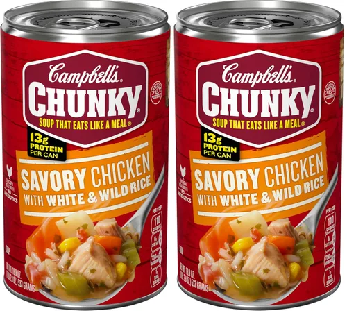 Vista 10 de Campbell's Chunky Soup, Sopa de Pollo Sabroso con Arroz Blanco y Silvestre, Lata de 18.8 Oz