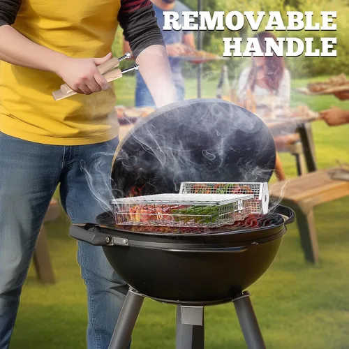 Vista 5 de Ivtivfu Juego de cesta para parrilla, mango de madera removible, acero inoxidable 304, herramientas de barbacoa con ruedas, accesorios para parrilla