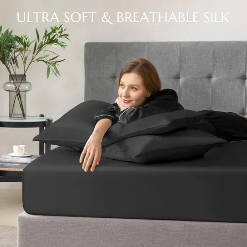 Vista 7 de THXSILK Juego de sábanas bajeras de 100% seda de morera, 3 piezas de seda 7A+, transpirable, suave, sábana bajera de 16 pulgadas de profundidad, 2