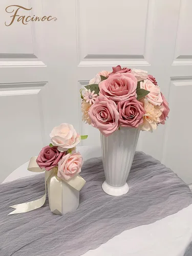 Vista 6 de FACINOC Juego de ramos de flores artificiales de rosas artificiales para bricolaje, decoración de despedida de soltera, arreglos florales falsos