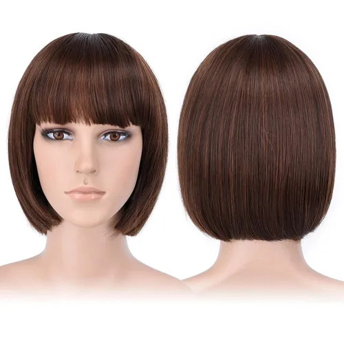 Vista 26 de Pelucas Bob con flequillo, peluca de cabello castaño rojizo de 10 Caoba