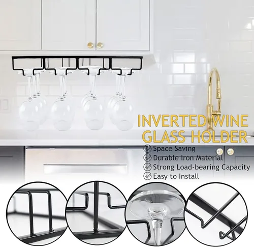 Vista 5 de Estante para copas de vino, paquete de 2 soportes para copas de vino, 4 filas de metal negro, colgador de almacenamiento para copas de vino debajo