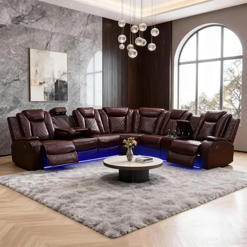 Vista 11 de Juego de sofá reclinable eléctrico, juegos de muebles de sala de estar, juego de sofá modular de cuero con luces LED, portavasos, consola