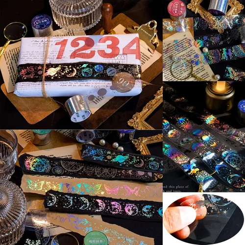 Vista 7 de 4 rollos de cinta holográfica vintage holográfica de mariposa astronomía PET adhesivos de resina impermeables transparentes brillantes