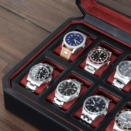 Vista 4 de ROTHWELL Caja de reloj de cuero con 12 ranuras, organizador de lujo para relojes, forro de microgamuza, soporte para relojes de joyería para hombre