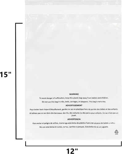 Vista 2 de Bolsas de polietileno transparente autosellantes de 12 x 15 pulgadas (500 unidades) con advertencia de asfixia - Adhesivo permanente - Cumple