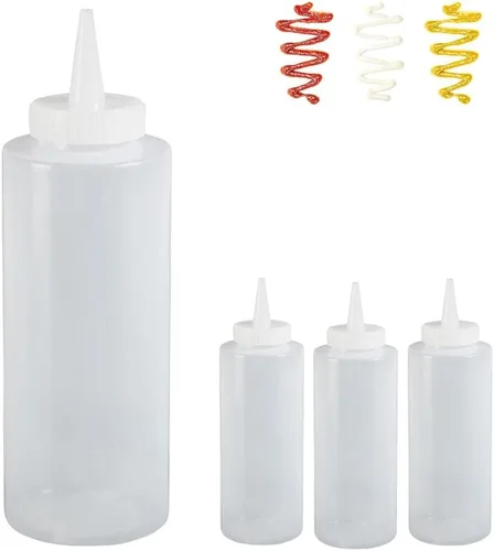 Vista 4 de Dispensador de plástico para condimentos, botella para apretar, 4 unidades, aceite de salsa de tomate de mostaza, 12.5 onzas