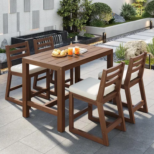 Vista 23 de Quarte Moderno juego de comedor de patio al aire libre de 5 piezas, juego de barra de mimbre de ratán de polietileno para jardín, 4 sillas de altura
