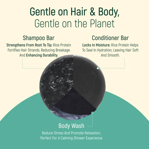 Vista 4 de Paquete de champú, acondicionador y gel de baño de proteína de arroz sólido Champú, acondicionador y barras de lavado para cabello y cuerpo