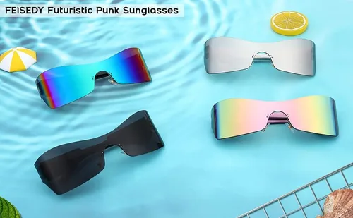 Vista 6 de FEISEDY Gafas de sol envolventes futuristas sin montura para mujeres y hombres con visera punk B2329