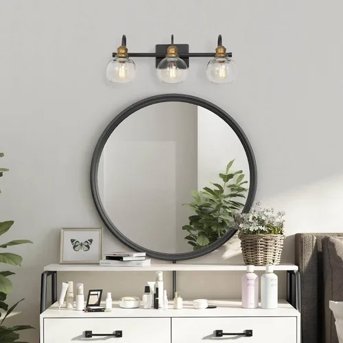 Vista 2 de KSANA Luminaria de Baño Estilo Granja, Lámpara de Tocador Moderna Negro Dorado de 3 Luces con Pantalla de Vidrio Transparente Abierta, Lámpara
