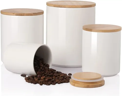 Vista 27 de Botes de Cocina Sweejar Tarro de Cerámica para Almacenamiento de Alimentos, Contenedores Apilables con Tapa de Madera de Sellado Hermético