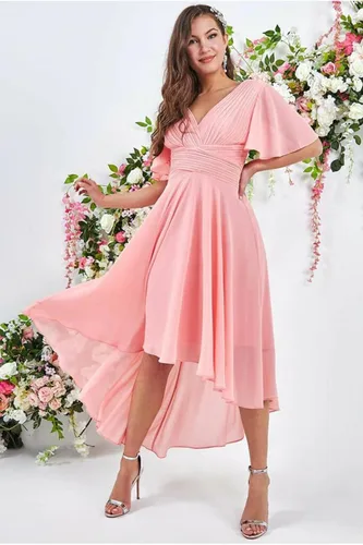 Vista 5 de High Low Bridesmaid Dresses 2023 V Neck Flutter Sleeves Formal Party Dress with Pockets