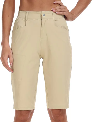 Vista 9 de MoFiz Women 13" Slim Fit Cargo Hiking Shorts Knee Length Elastic Waistband Women Golf Shorts with Right Thigh Zip Pocket