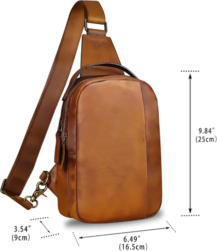 Vista 4 de LRTO Bolso de cuero genuino para hombres y mujeres, mochila bandolera de cuero real para el pecho, bolso cruzado, Marrón, Mochilas Sling