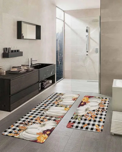 Vista 2 de Tapete de baño con diseño de calabaza a cuadros para bañera, antideslizante, de secado rápido y absorbente, de tierra de diatomeas, para fregadero
