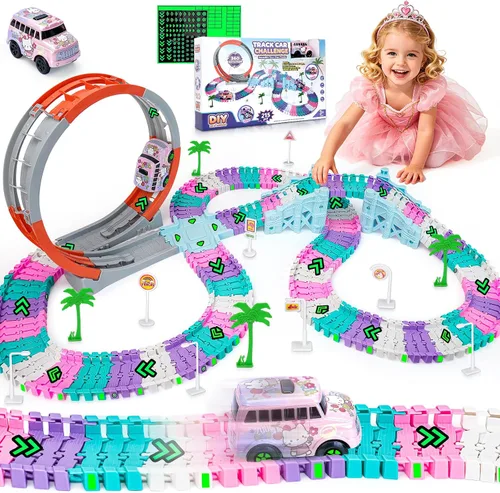 Vista 12 de 157 pistas de carreras de construcción para niños, juego de juguetes mágicos que brillan en la oscuridad con rampa de bucle de 360°, 1 auto