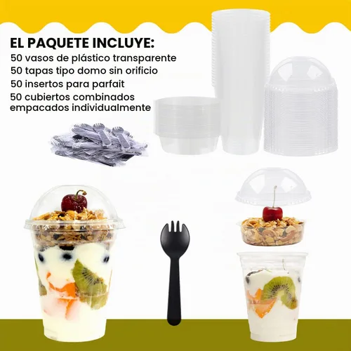 Vista 3 de Vasos de postre helado - 9 onzas - 50 unidades - Vasos de postre reutilizables con tapas de cúpula y insertos - Plástico transparente cristalino - A