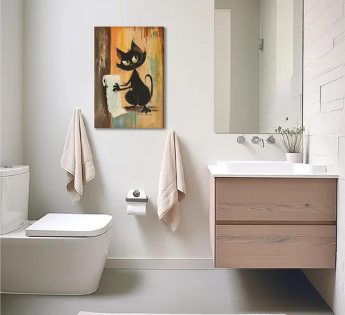 Vista 9 de Divertido Arte de Pared de Baño de Gato Negro en Lienzo Arte de Pared de Gato Abstracto con Imagen de Papel Higiénico Decoración de Pared Póster