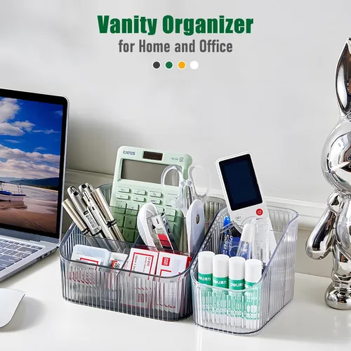 Vista 7 de Organizador de brochas de maquillaje ámbar para tocador, organizador de encimera de baño, 5 tazas, almacenamiento y exhibición de artículos