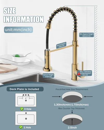 Vista 6 de Grifo de cocina, grifo de oro cepillado para fregadero de cocina, grifo de fregadero de cocina con pulverizador desplegable, grifos de cocina de C