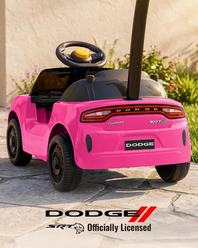 Vista 2 de Dodge Ride on Push Car con licencia para niños pequeños de 1 a 3 años con mango y música Rosa
