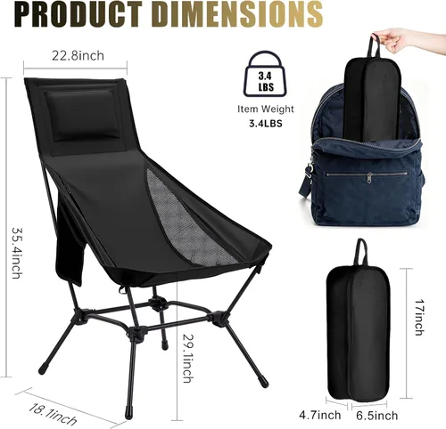 Vista 3 de Silla de camping plegable de respaldo alto con almohada, silla portátil ligera para adultos, ajuste de altura 2 en 1, reclinación profunda
