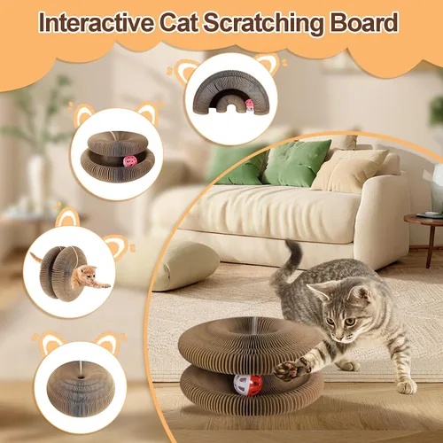Vista 5 de Tablero rascador plegable con bola de campana, juguete mágico para gatos Marrón (Brown 1Pcs)