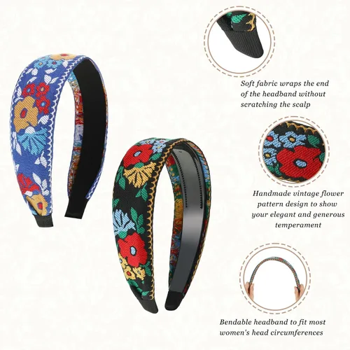 Vista 6 de Geosar Paquete de 9 diademas bordadas bohemias para mujer, bohemia, floral, hechas a mano, anchas, estilo étnico, estilo étnico, turbante