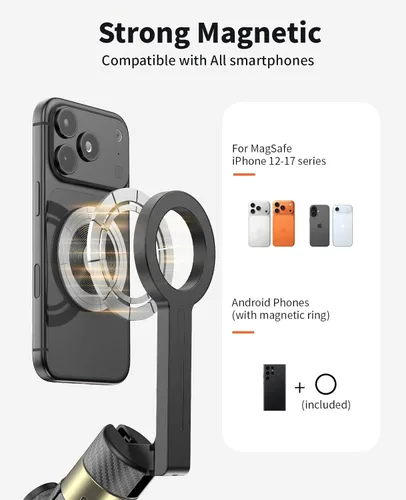 Vista 2 de Vimose Trípode magnético de 65 pulgadas para iPhone, trípode para selfie stick con control remoto, giratorio de 360°, soporte de teléfono extensible