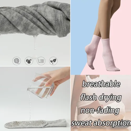 Vista 5 de Calcetines de agarre para mujer, calcetines de yoga para pilates, antideslizantes, barre danza, hospital, correr, lindo, de algodón, 3/4 pares