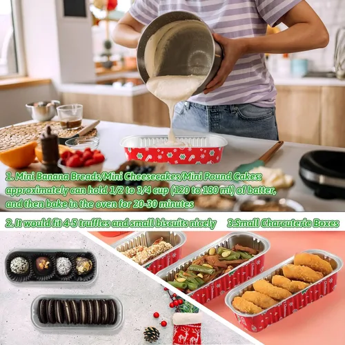 Vista 7 de Paquete de 100 mini moldes para pan de Navidad con tapas, mini moldes para pasteles con tapas y cucharas, moldes de papel de aluminio de 6.8 onzas