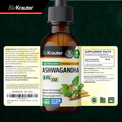 Vista 9 de BIO KRAUTER® Suplementos de Ashwagandha – Gotas líquidas pura Ashwagandha vegana para mujeres y hombres, 685 mg por porción, 2 onzas líquidas