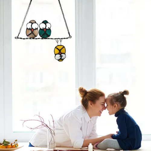Vista 5 de Panel de Atrapasoles de Vidrio Vitral Multicolor con Búhos en un Alambre, Atrapasueños de Pájaros para Ventanas, Puertas, Habitación, Decoración