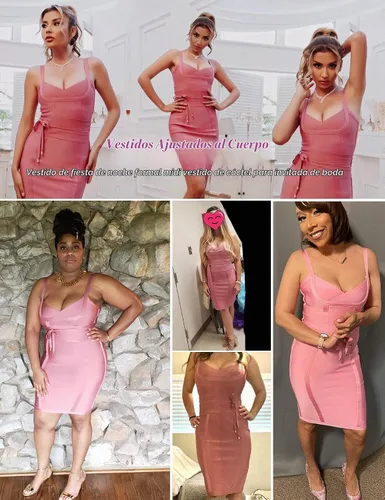 Vista 2 de meilun Vestido de fiesta ajustado con vendaje y detalle de cinturón de rayón para mujer Rosa (Antique Pink)