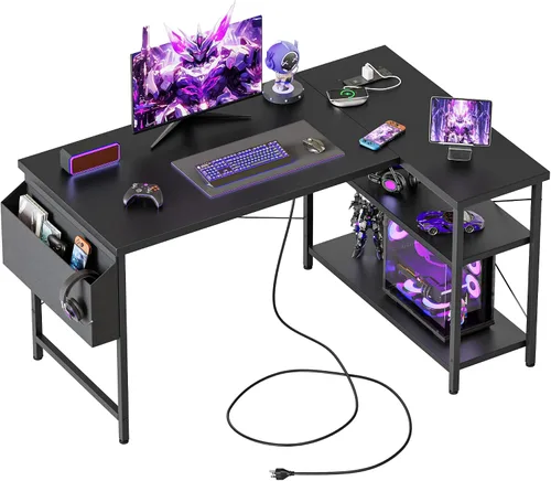 Vista 15 de Mericonia Escritorio pequeño en forma de L para computadora con tomas de corriente, escritorio de juegos para espacios pequeños, escritorio