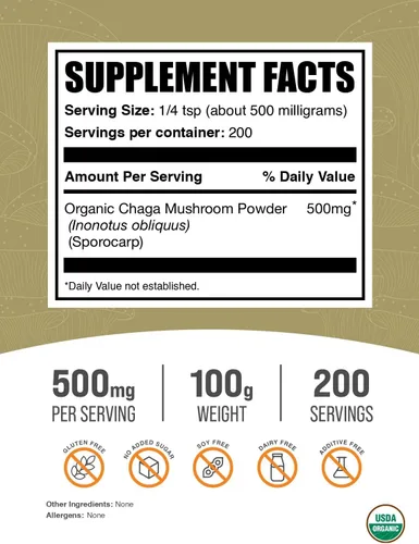 Vista 2 de BulkSupplements. com Organic Chaga Champiñones en polvo – Suplemento de hongos Chaga, suplemento superalimenticio – Vegano y sin gluten, 500 mg por