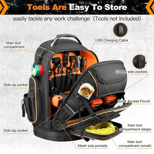 Vista 5 de Mochila de herramientas, mochila de herramientas de apertura completa resistente para hombres con base moldeada impermeable, mochila grande