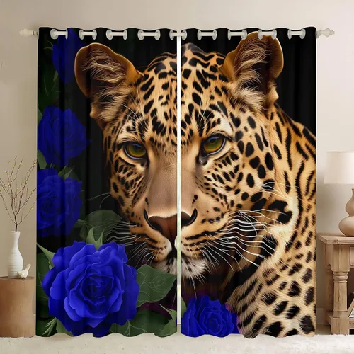 Vista 25 de Erosebridal Cortinas de Rosas Rojas 3D Tratamientos para Ventanas de Guepardo, Paneles de Cortinas con Estampado de Gato Leopardo para Sala