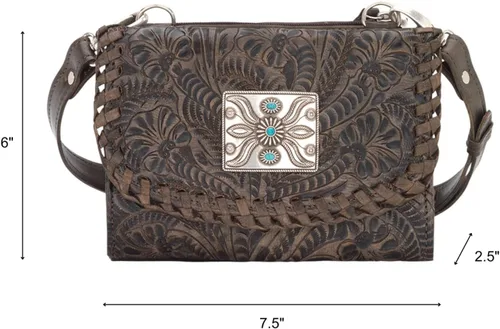 Vista 3 de American West Handcrafted Leather Texas Two Step Small Crossbody/Wallet – Hand Tooled 100% Genuine Leather Western Bag Carbón