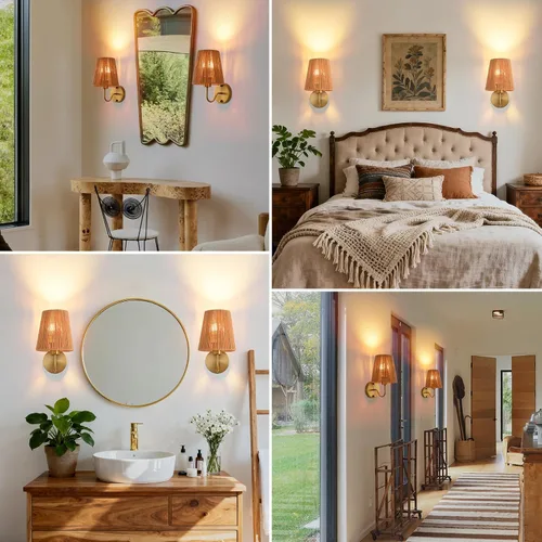 Vista 8 de Juego de 2 apliques de pared bohemios que funcionan con pilas, con pantalla de ratán dorado, luces de pared inalámbricas con bombillas recargables