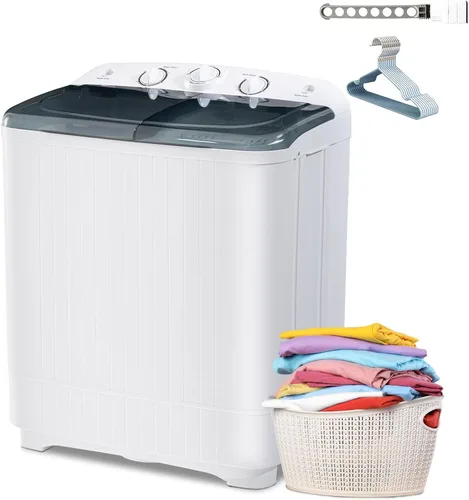 Vista 8 de Erivess Lavadora Compacta Mini de Doble Tina de 18 libras con Estante de Secado, Lavadora de Lavandería Mini Compacta de 11 libras y Centrifugadora