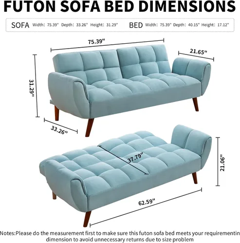 Vista 2 de Sofá cama futón convertible, sofá cama de lino, 75 pulgadas de ancho, moderno sofá capitonado de 3 plazas con respaldos ajustables y patas de madera