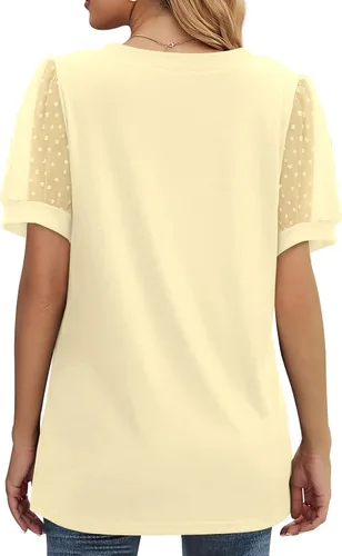 Vista 3 de Camisetas de verano 2023 de manga corta con cuello en V para mujer, camisetas de manga abombada con lunares suizos, camisetas holgadas y casuales